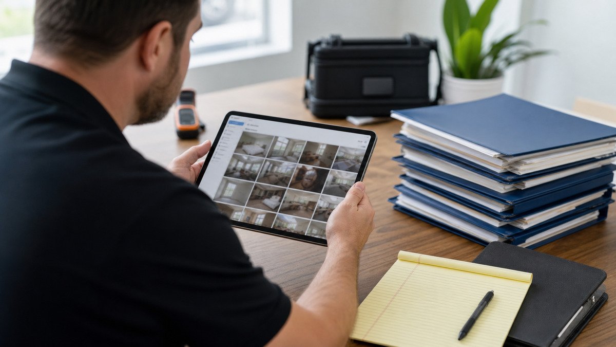 Restoration specialist organizing photographs and moisture records for a water damage report