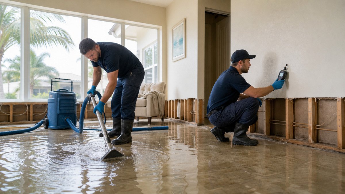 Restoration crew performing water extraction while a technician documents moisture conditions