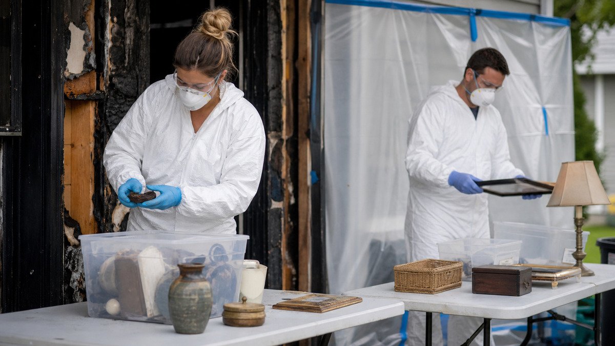 Fire restoration team sorting household contents in separate affected and clean staging zones
