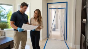 Remediation professional and property owner planning safe access around an isolated room