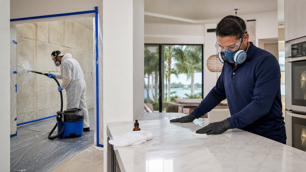 Professionals using different methods for hard-surface sanitization and affected-material cleaning
