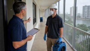 Condo building manager coordinating safe water damage access with a restoration professional