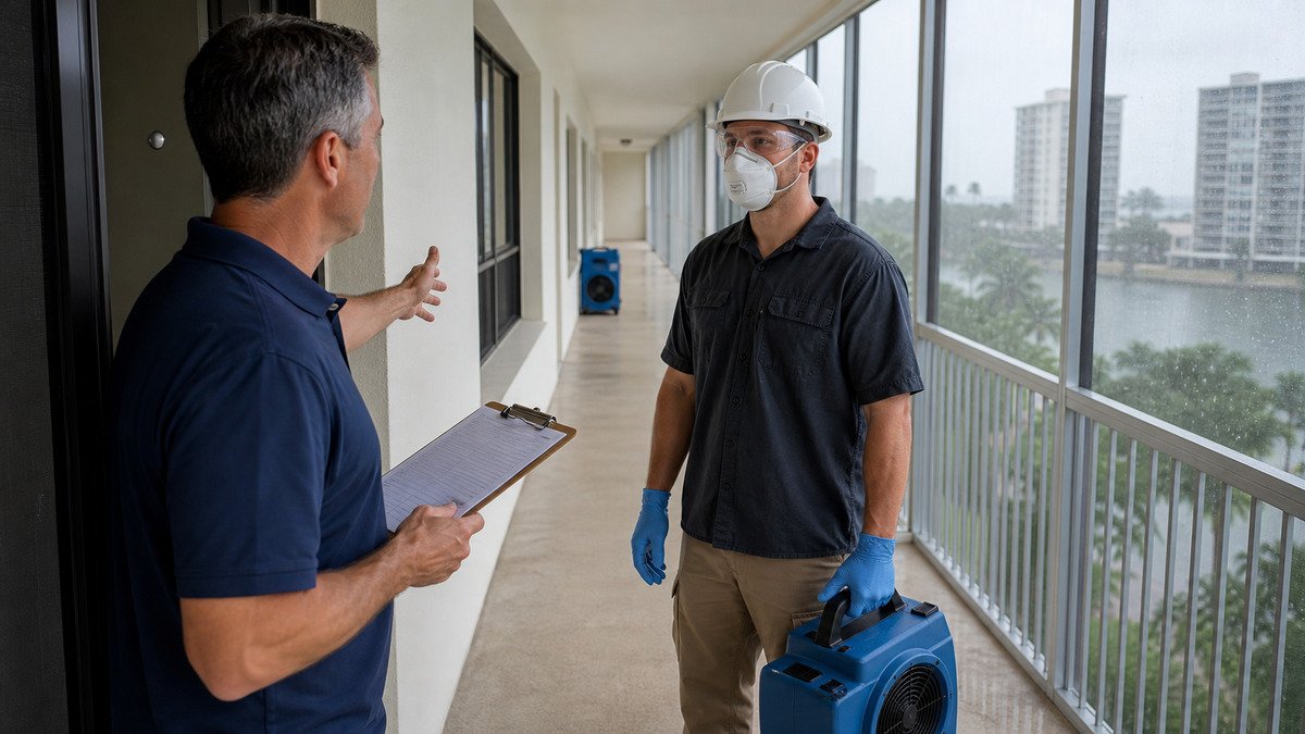 Condo building manager coordinating safe water damage access with a restoration professional