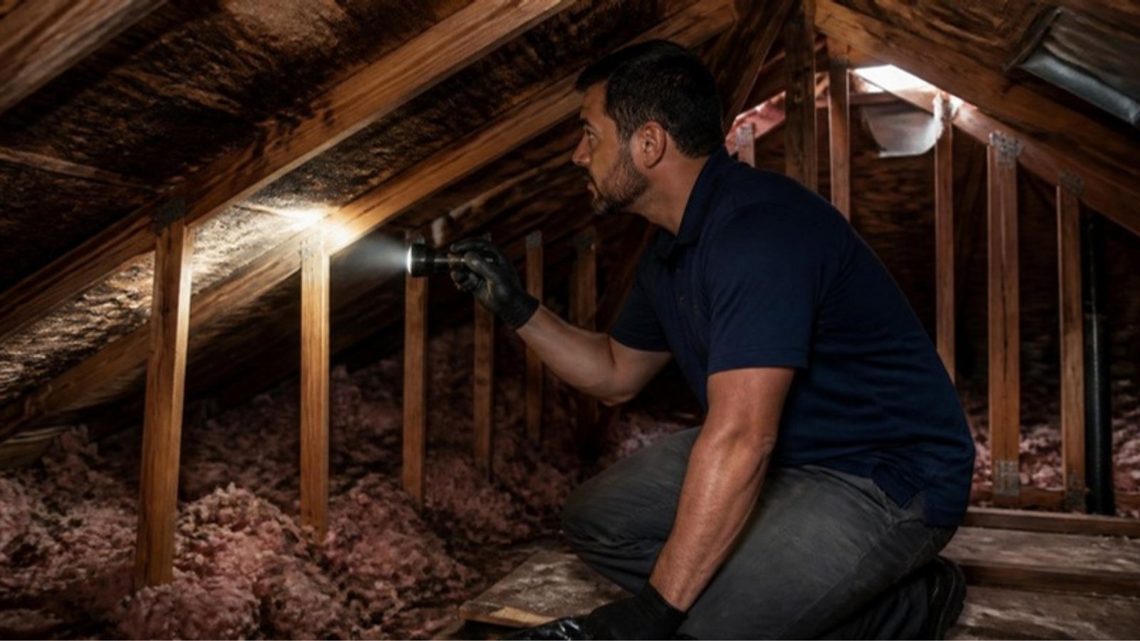 Technician inspecting wet insulation and water-stained roof decking in an attic with a flashlight