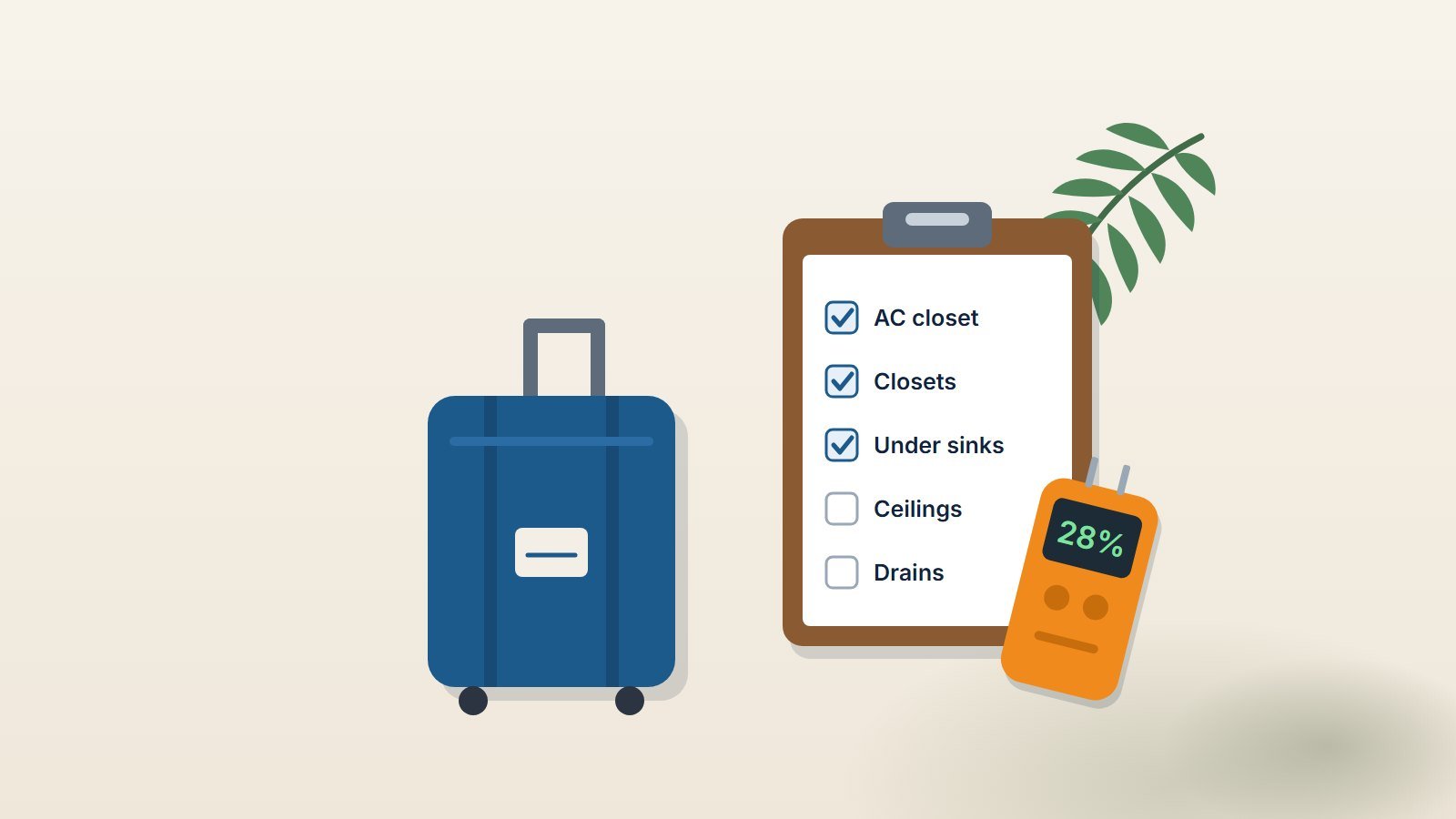 Suitcase beside a mold and water damage checklist and a moisture meter