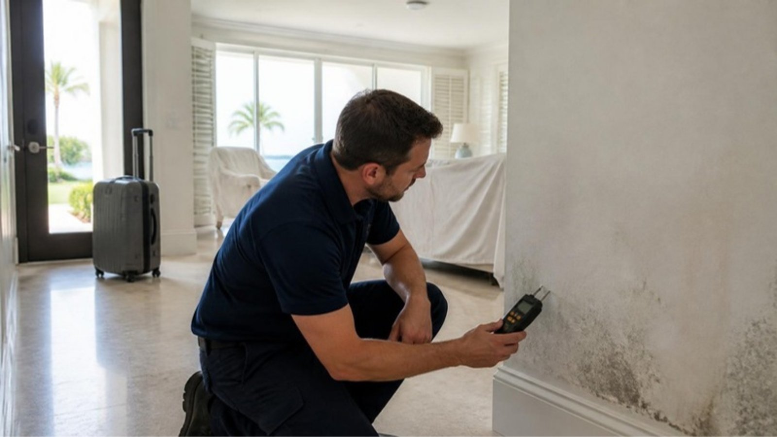Restoration technician checking a wall with a moisture meter in a closed-up South Florida home