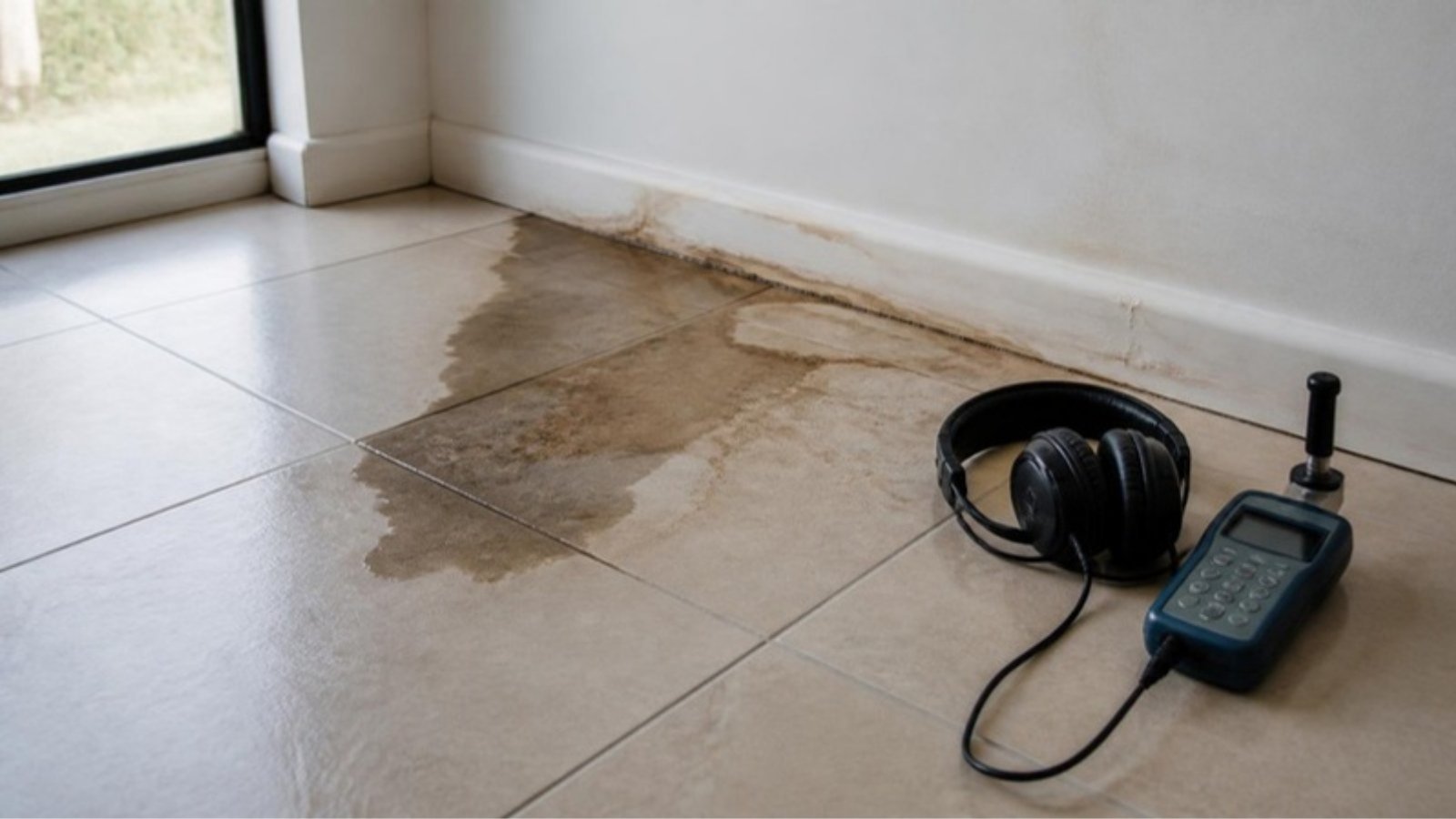 Damp patch spreading across a tile floor beside an acoustic leak detector