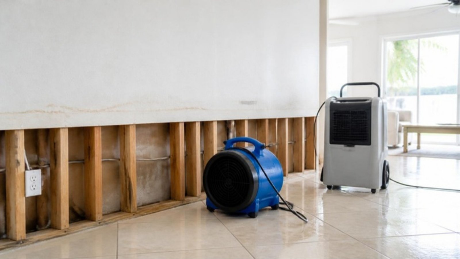 Wall with lower drywall cut away and drying equipment running after water damage